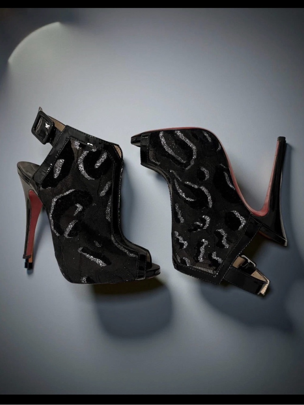 Christian Louboutin Black Glitter Peep-Toe Slingback Pumps